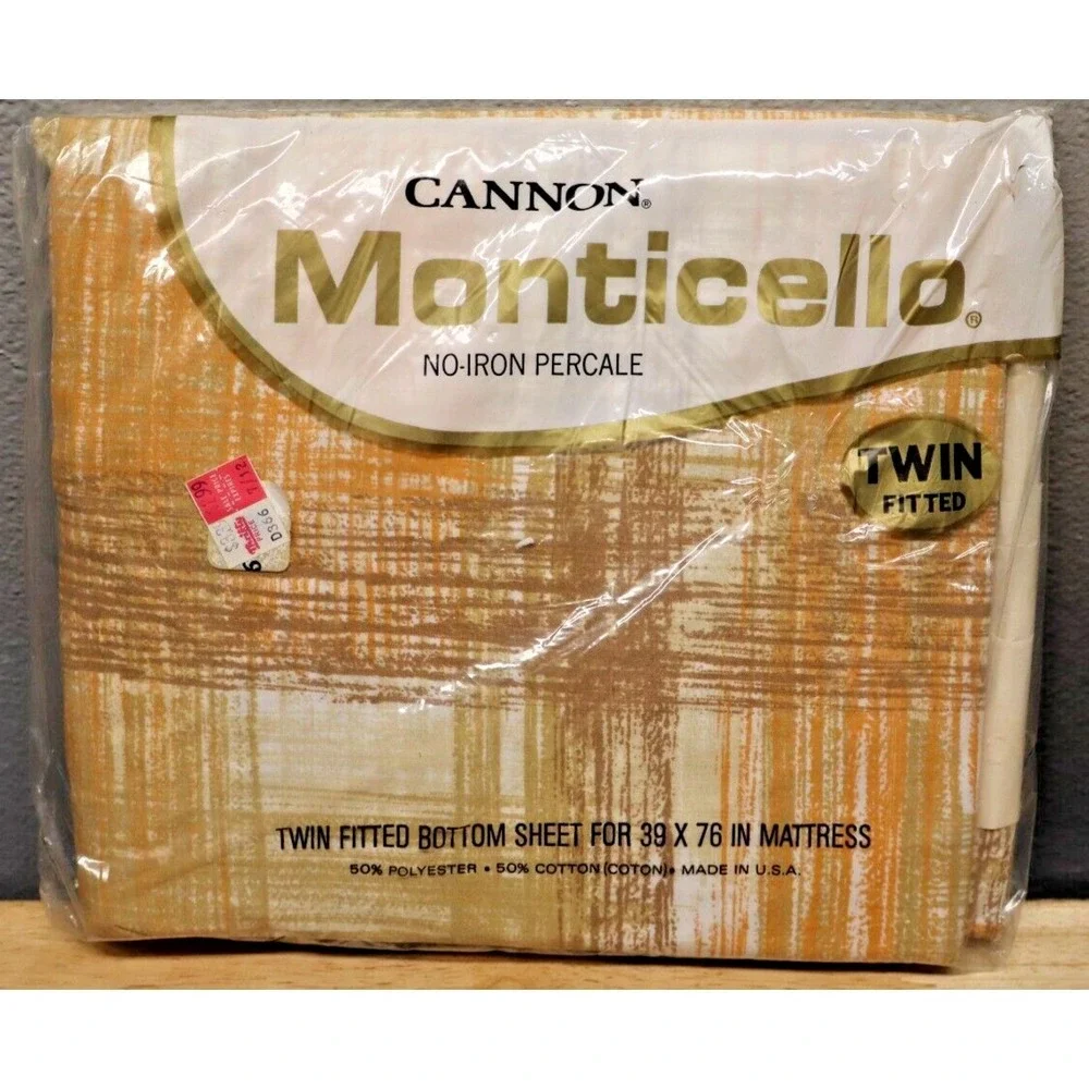 New Vintage Cannon Monticello Twin Fitted Bottom Sheet Brown Geometric Percale